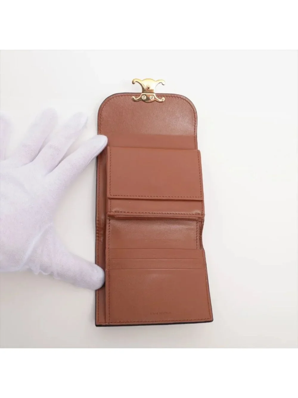 Celine Triomphe Small Flap Wallet Leather Trifold Brown Gold